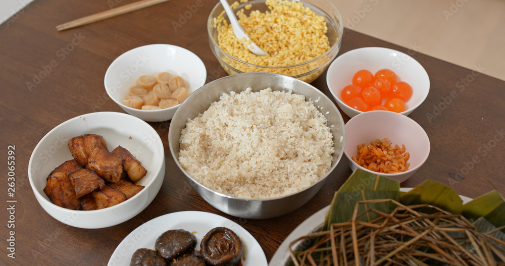 Put food on table and prepare for making rice dumpling Put food on table and prepare for making rice dumpling