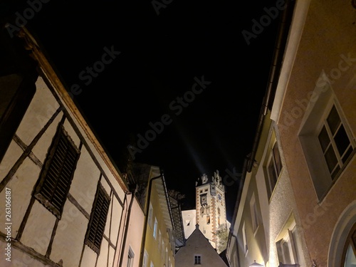 One of the towers of the "Hohes Schloss" (High Castle) of the bishops of Augsburg in the bavarian town Füssen in the region Allgäu in Germany by night © Jürgen Brand