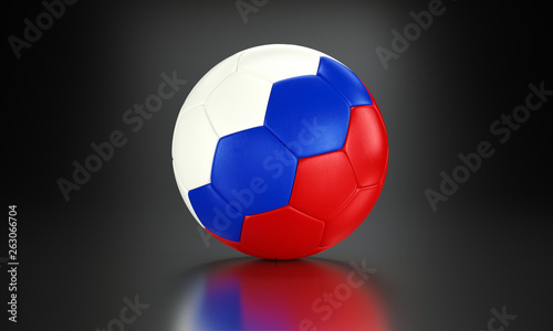 Football 3d concept. Ball with national flag of Russia in the black metallic studio.