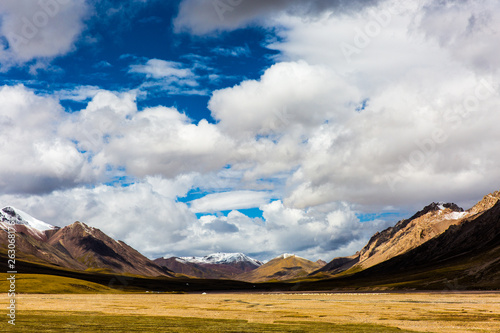 Mountain range on China's Tibetan Plateau on a sunny autumn day 