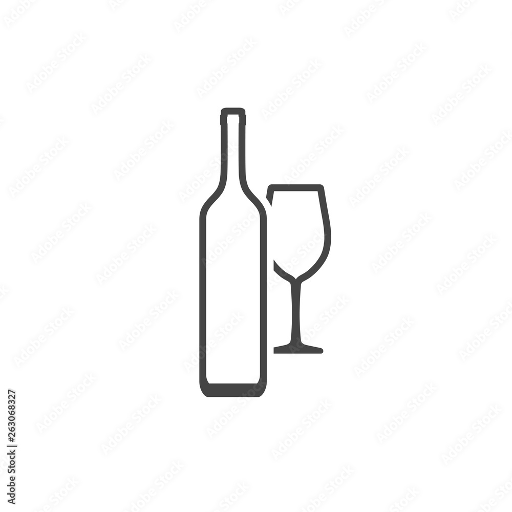 Wine bottle and wineglass contour icon isolated on white Wine bottle and wineglass contour icon isolated on white