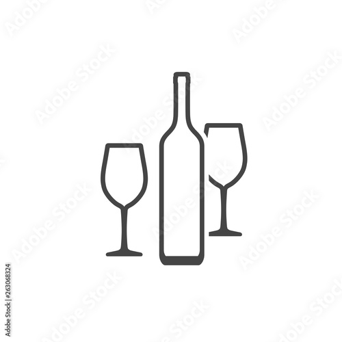 Wine bottle and two wineglasses icon isolated on white background. Vector contour icon.