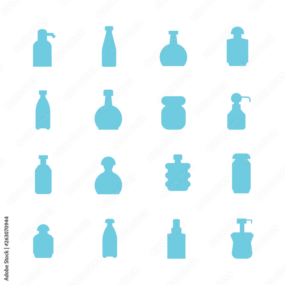 blue bottle packaging icons set