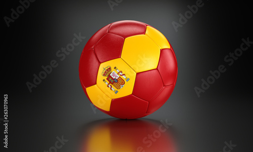 Football 3d concept. Ball with national flag of Spain in the black metallic studio.
