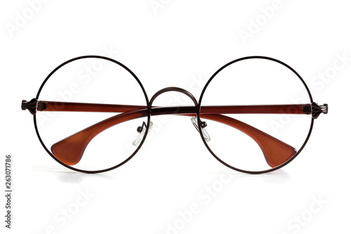 Stylish unisex round glasses on a white background. Front view.