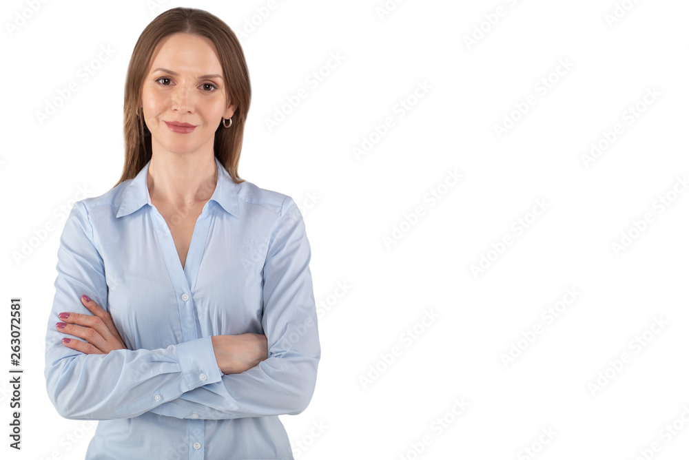 Beautiful young business woman with crossed arms isolated on white Beautiful young business woman with crossed arms isolated on white