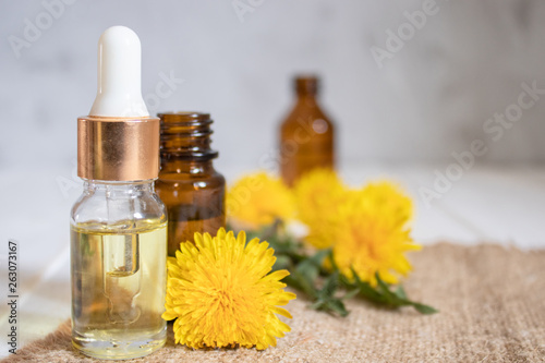 Natural essential oil in a glass bottle with fresh dandelion flowers on the table. Flower essential oil.