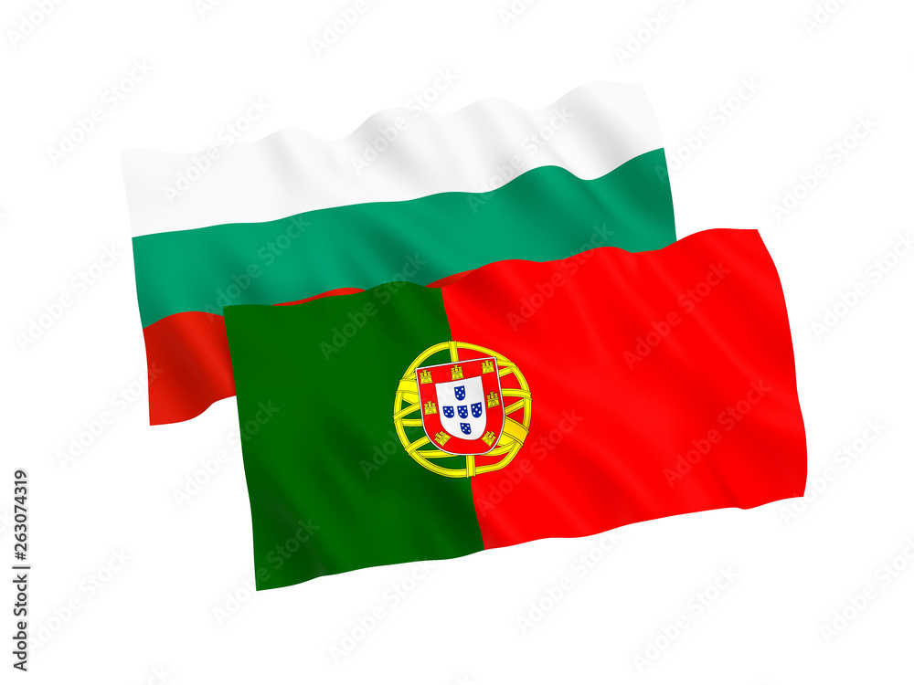Naklejka premium National fabric flags of Bulgaria and Portugal isolated on white background. 3d rendering illustration. 1 to 2 proportion.