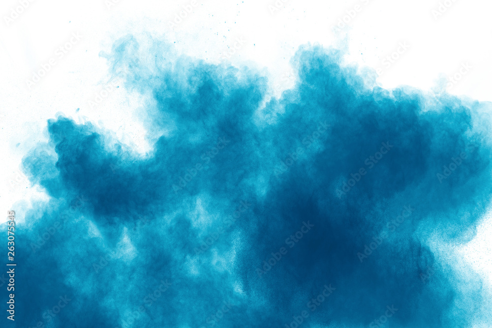 Fototapeta premium Blue color powder explosion cloud on white background.Closeup of Blue dust particles splash on background.