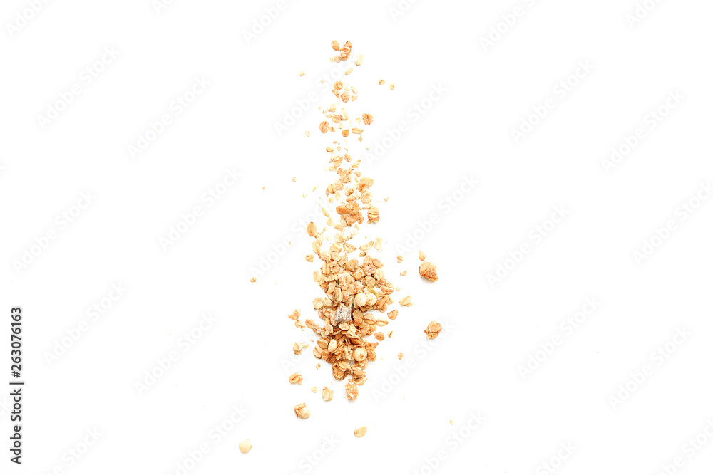 Crispy muesli dry Breakfast isolated on white background selective focus, top view Crispy muesli dry Breakfast isolated on white background selective focus, top view