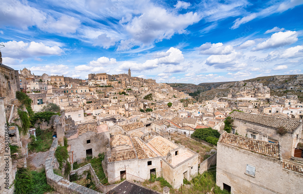 Beautiful view of Matera cityscape in summer season, Italy