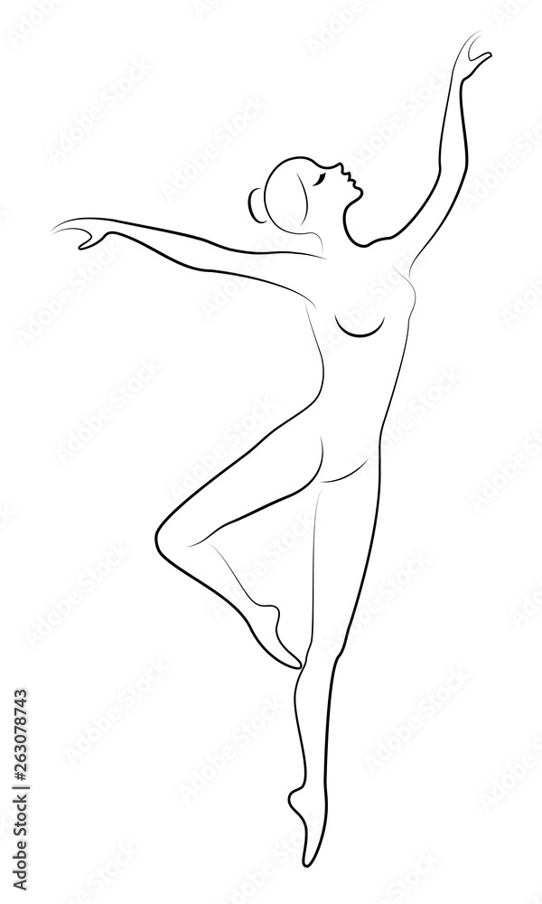 The silhouette of a cute lady, she is dancing ballet, circling fouette. The woman has a beautiful slim figure. Woman ballerina. Vector illustration.