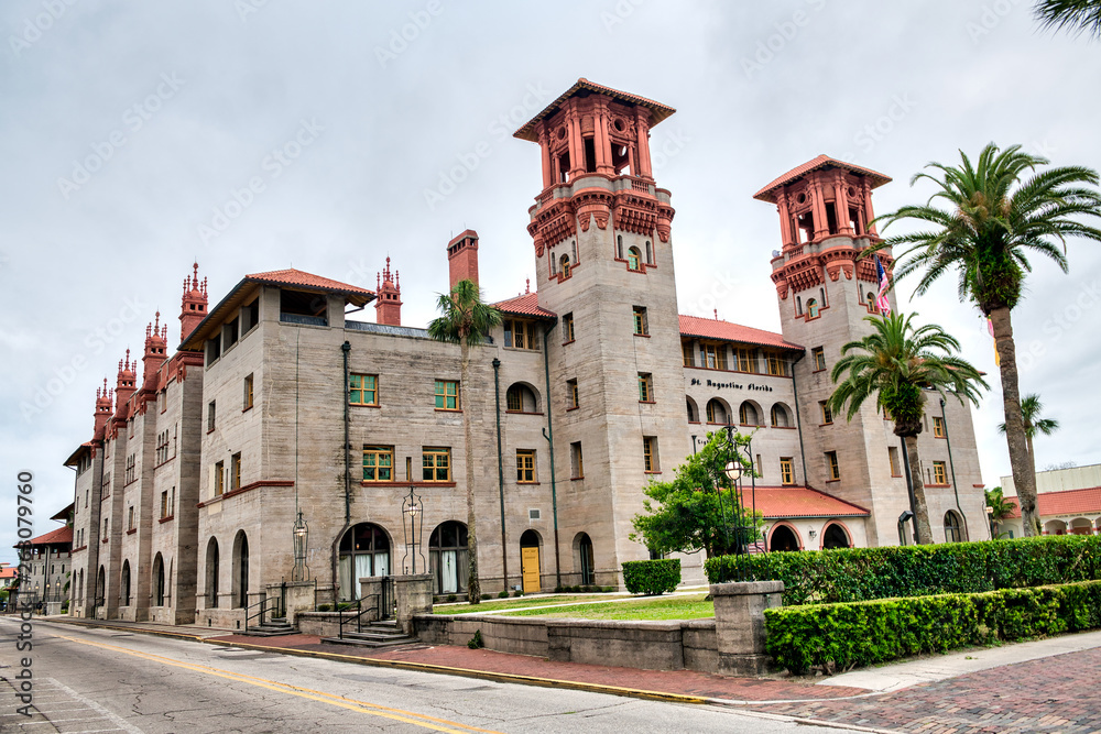 ST AUGUSTINE, FL - APRIL 8, 2018: Flagler College on a cloudy day. The city is the oldest continuously inhabited European-established settlement in US
