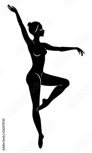 The silhouette of a cute lady, she is a dancing ballet circling fouette. The woman has a beautiful slim figure. Woman ballerina. Vector illustration. © Nataliia