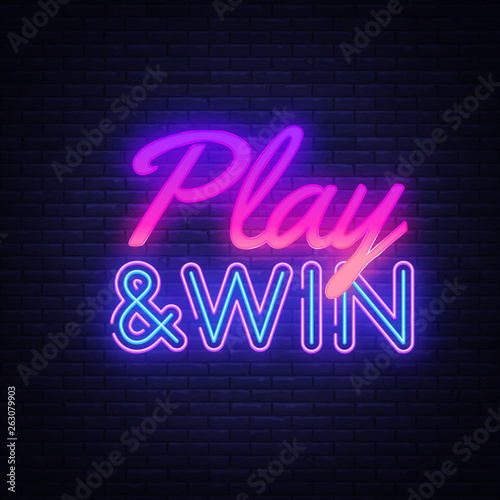 Play Win neon text vector design template. Gaming neon logo, light banner design element colorful modern design trend, night bright advertising, bright sign. Vector illustration