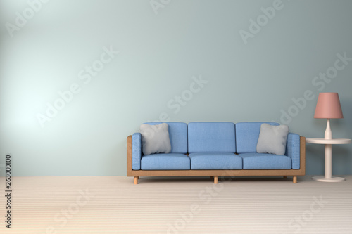 Interior of the living room. soft sofa and pillow near lamp soft color wall 3D rendering - Illustration