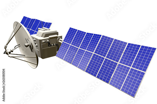 cosmic satellite industrial illustration - spaceship with large solar power panels isolated on white - 3D Illustration