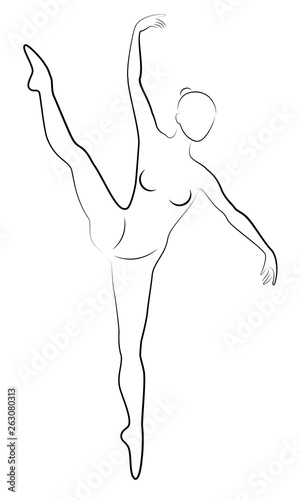 The silhouette of a cute lady, she is dancing ballet, circling fouette. The woman has a beautiful slim figure. Woman ballerina. Vector illustration.
