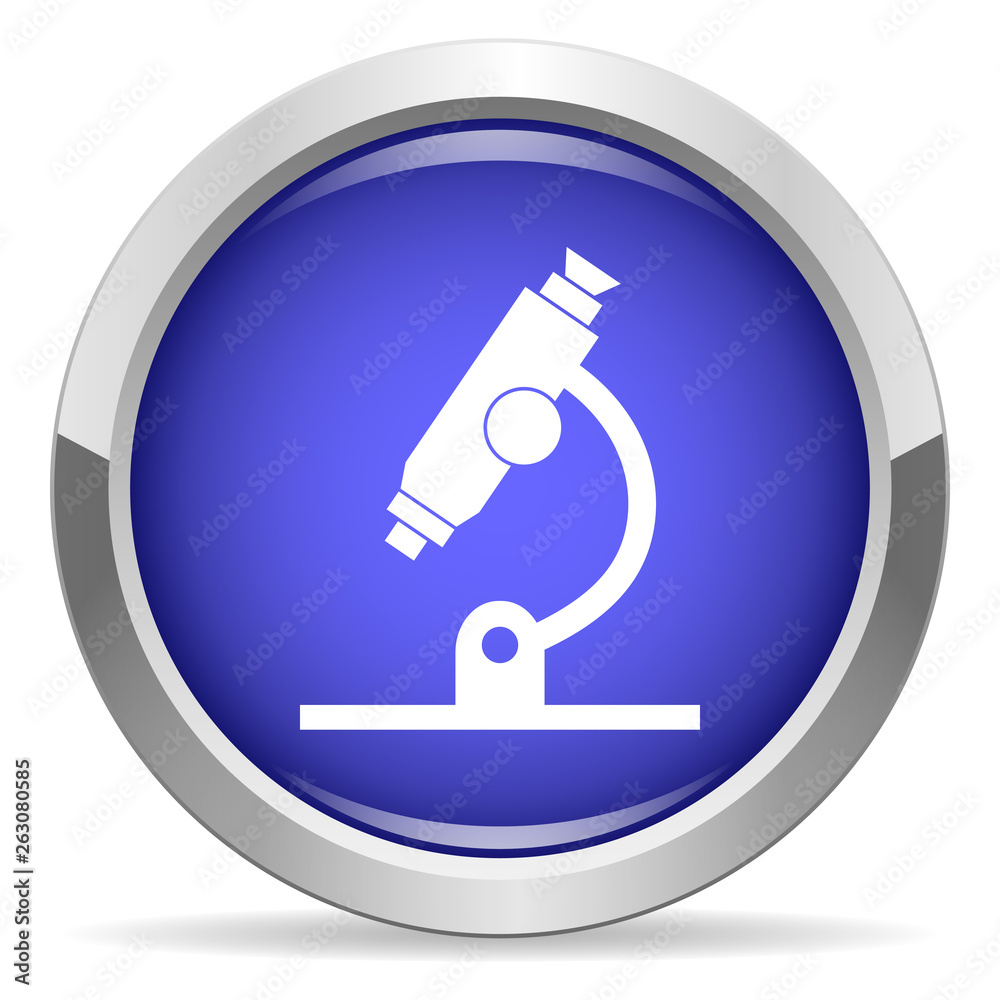 Microscope icon. Round bright blue button. Microscope icon. Round bright blue button.
