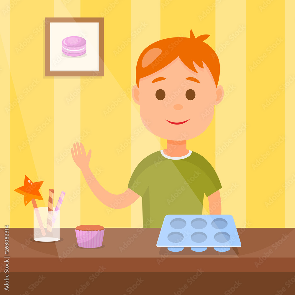 Child cooking Tasty Cupcakes Vector Illustration Child cooking Tasty Cupcakes Vector Illustration