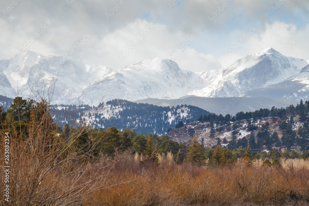 Rocky Mountains snow covered peaks, Estes Park, Colorado