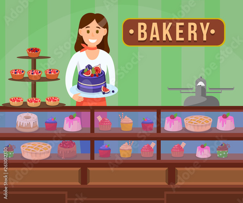 Confectioner with cakes Flat Vector Illustration