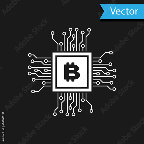 White CPU mining farm icon isolated on black background. Bitcoin sign inside processor. Cryptocurrency mining community. Digital money. Vector Illustration
