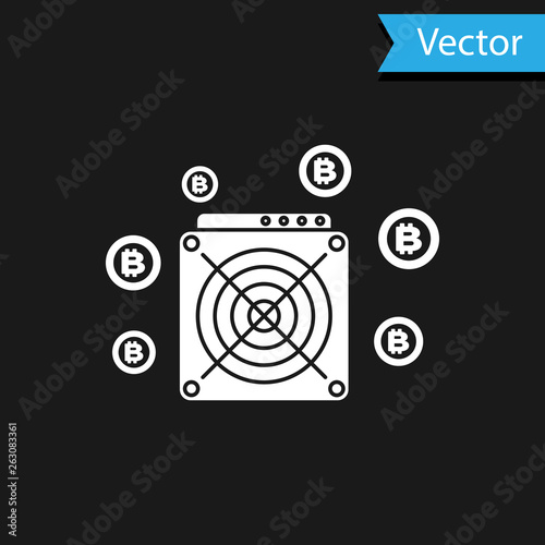 White ASIC Miner icon isolated on black background. Cryptocurrency mining equipment and hardware. Application specific integrated circuit. Vector Illustration