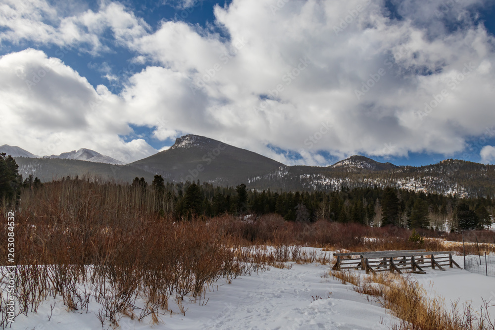 Walking trail at Lily Lake, Rocky Mountains snow covered peaks, Estes Park, Colorado