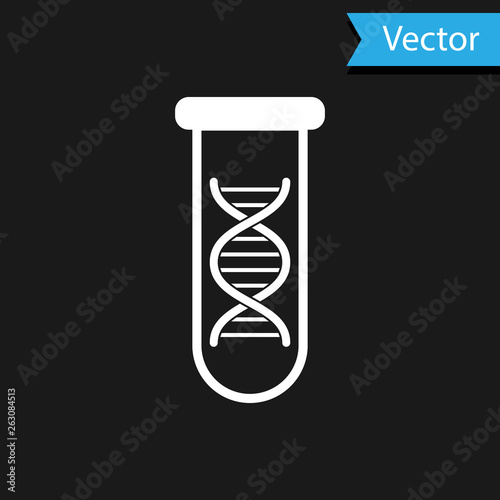 White DNA research, search icon isolated on black background. Genetic engineering, genetics testing, cloning, paternity testing. Vector Illustration
