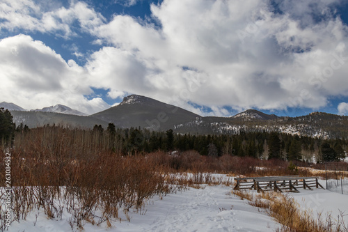 Walking trail at Lily Lake, Rocky Mountains snow covered peaks, Estes Park, Colorado