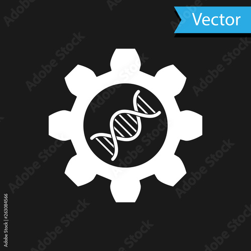White Genetic engineering icon isolated on black background. DNA analysis, genetics testing, cloning, paternity testing. Vector Illustration
