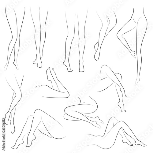 Collection. Picture with silhouettes of slender beautiful female feet. Different postures of legs when a girl is standing, sitting, dezhit. Vector illustration set.