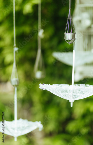 white umbrellas upside down