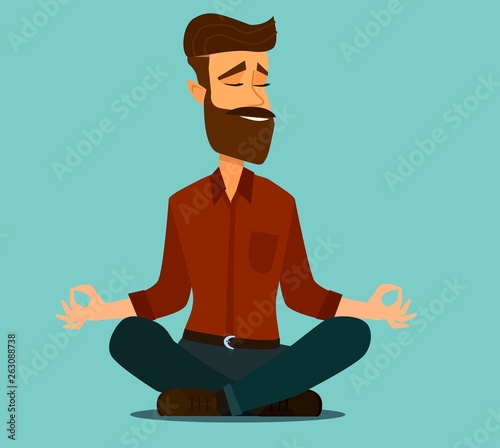 Meditating. Cartoon style man meditation in office.