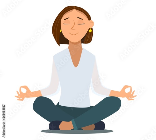 Relaxing and Stress Relief at Workplace Cartoon Vector Concept. Businessman with Untied Necktie, Sitting in Lotus Position with Closed Eyes, Meditating in Noisy Office, Practicing Yoga. Zen in Work