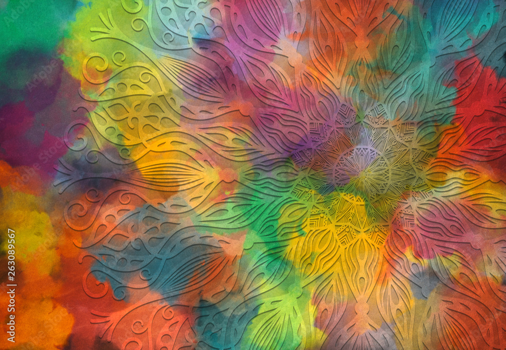 Abstract mandala graphic design and watercolor digital art painting for ancient geometric concept background