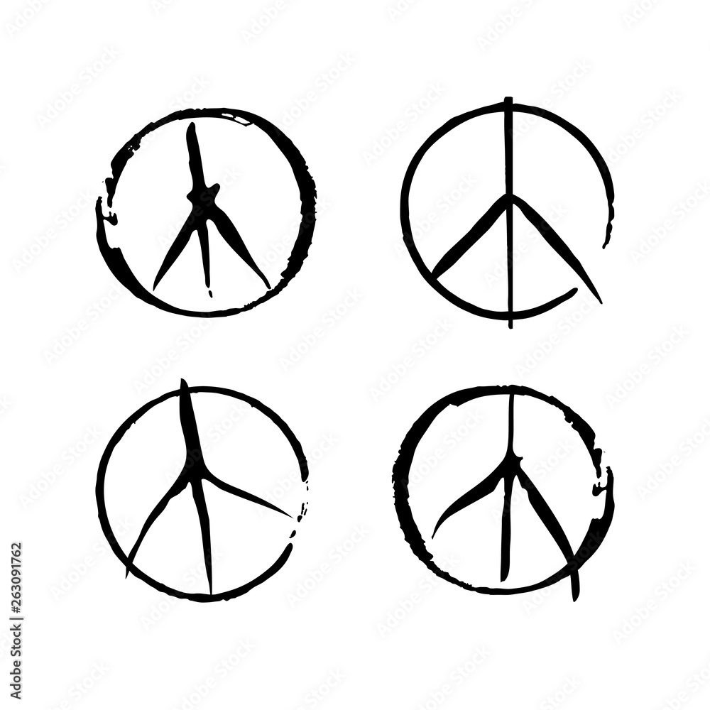 Set of four vector peace symbols. Sign pacifist, peace symbol, drawn by  hand with a brush. Black Hippie sign on a white background. Stock Vector |  Adobe Stock