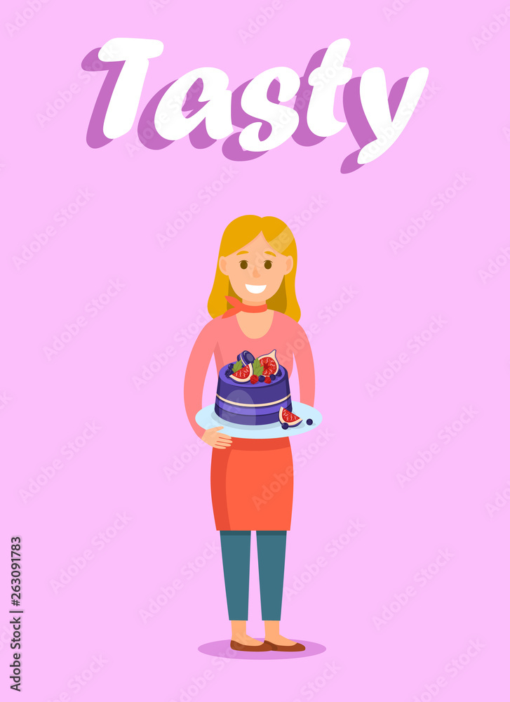 Housewife with Cake Cartoon Vector Poster Template Housewife with Cake Cartoon Vector Poster Template
