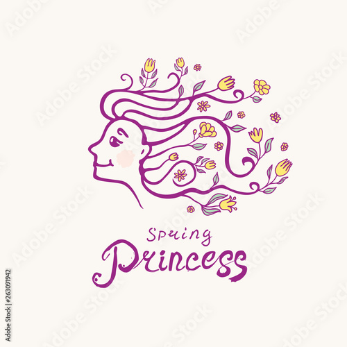 Princess. Original vector logo. Profile of the face of young beauty with floral hair.