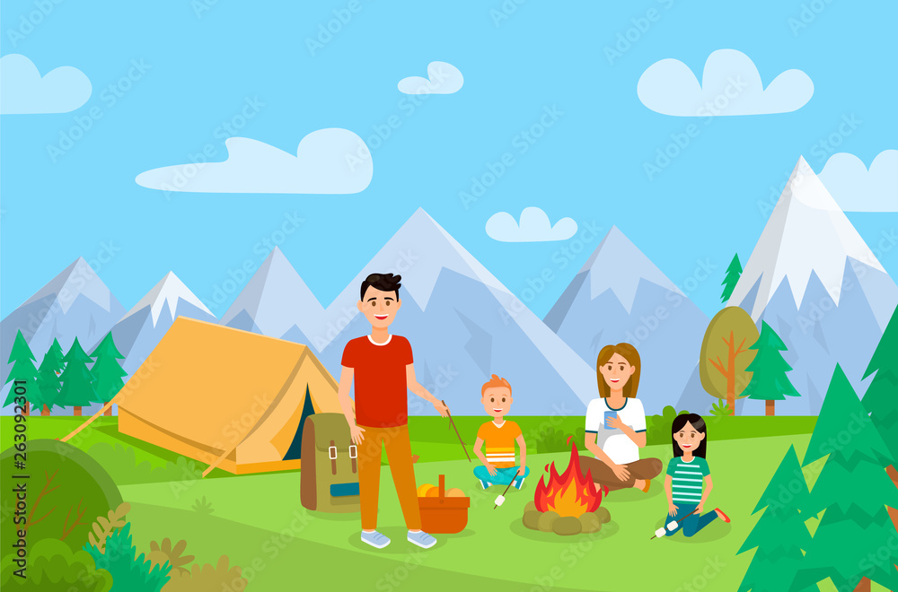 Naklejka premium Summer Holiday on Nature Cartoon Illustration