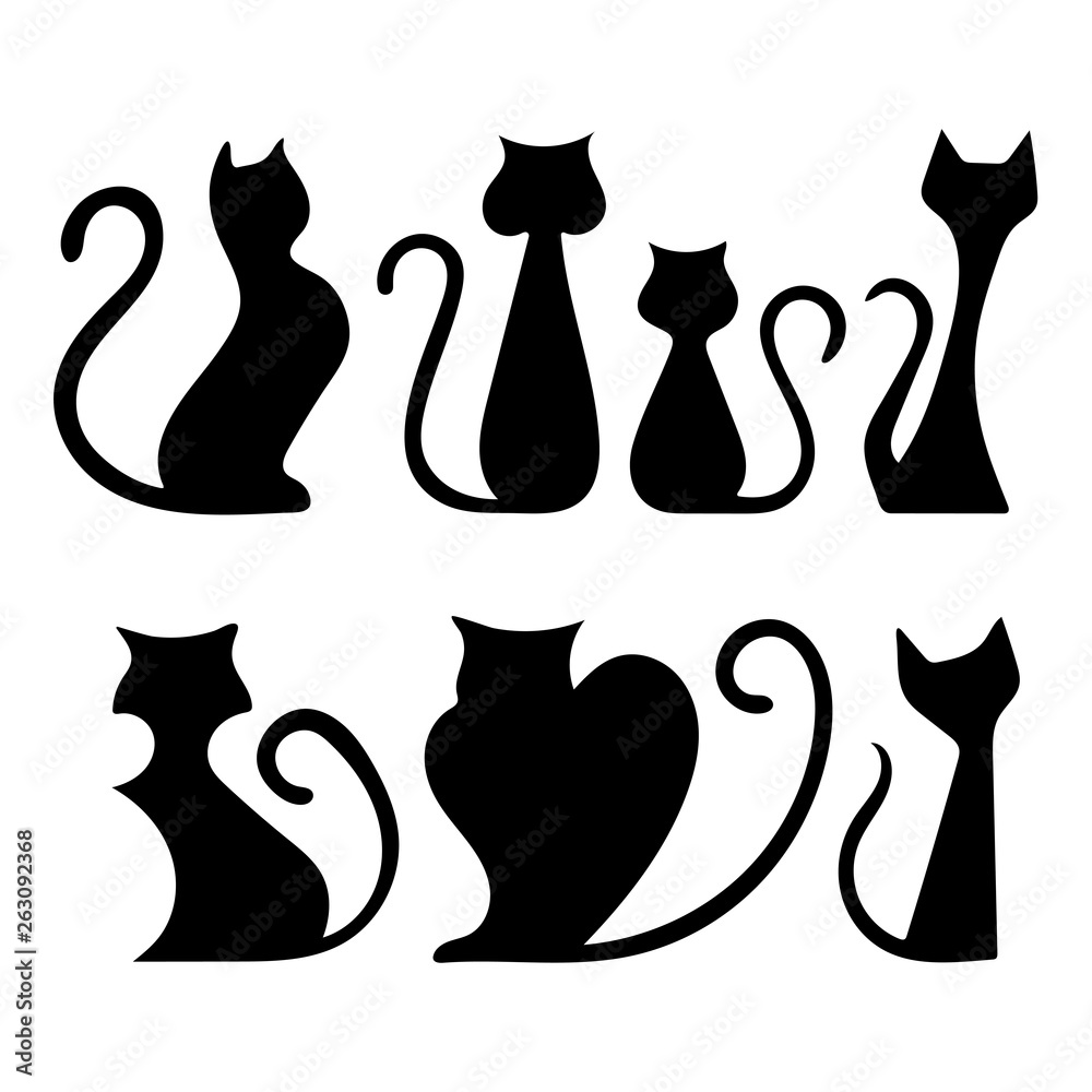 Cats. Black cats silhouettes vector illustrations set. Different cats drawing graphics.