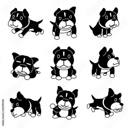Cartoon character pit bull terrier dog poses set for design.