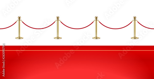Red carpet and Golden barrier with rope for Vip presentation. Defence equipment for guard celebrity on red carpet. Isolated white background. Eps10 vector illustration.