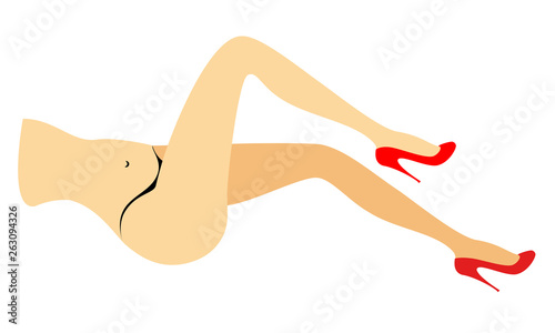 Silhouette figure of a lady in a bikini. Slender legs of a young girl in red shoes. The woman lies. Feet well-groomed, beautiful silky skin. Vector illustration
