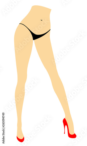 Silhouette figure of a lady in a bikini. Slender legs of a young girl in red shoes. The woman is coming. Feet well-groomed, beautiful silky skin. Vector illustration