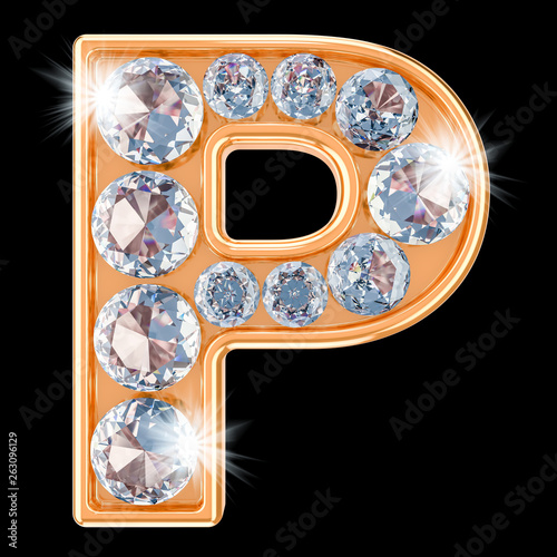 Golden letter P with diamonds. 3D rendering