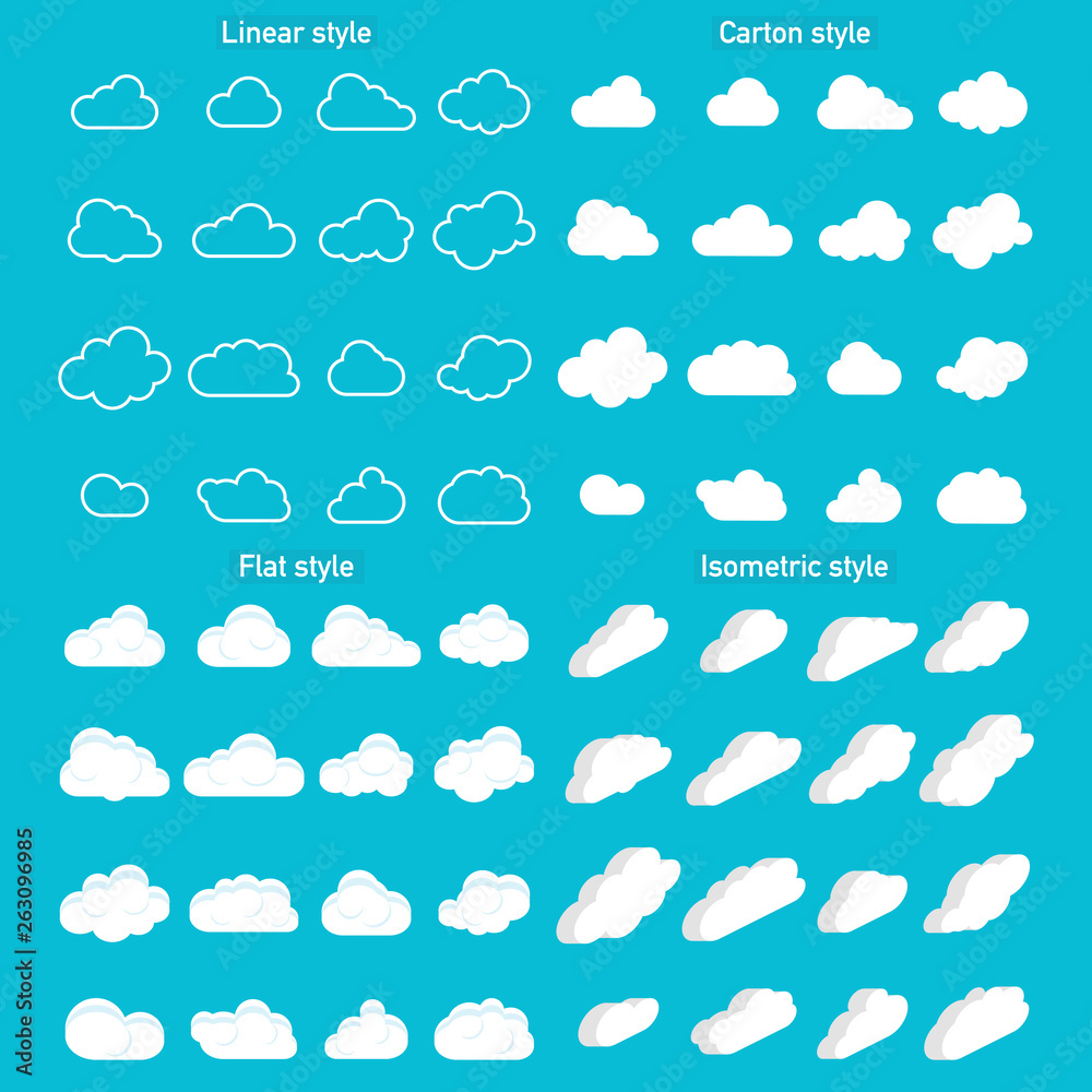 Set of Cloud Icons in trendy in 4 styles. Clouds in flat and carton and isometric, linear style. Cloud on isolated background. Vector Set of Cloud Icons in trendy in 4 styles. Clouds in flat and carton and isometric, linear style. Cloud on isolated background. Vector