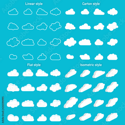 Set of Cloud Icons in trendy in 4 styles. Clouds in flat and carton and isometric, linear style. Cloud on isolated background. Vector