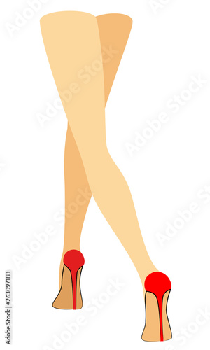 Silhouette figure of a lady in a bikini. Slender legs of a young girl in red shoes. The woman is running. Feet well-groomed, beautiful silky skin. Vector illustration.